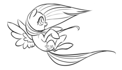 Size: 1398x805 | Tagged: safe, artist:rubrony, fluttershy, pegasus, pony, g4, female, grayscale, lineart, mare, monochrome, open mouth, profile, simple background, solo, spread wings, white background, windswept mane, wings