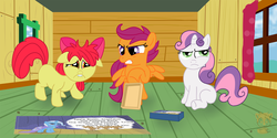 Size: 2500x1250 | Tagged: safe, artist:timidusartifex, apple bloom, scootaloo, sweetie belle, trixie, g4, puzzle