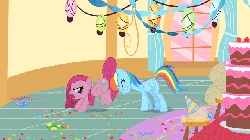 Size: 640x360 | Tagged: dead source, safe, screencap, pinkie pie, rainbow dash, earth pony, pegasus, pony, g4, party of one, angry, animated, balancing, butt smash, cake, duo, eyes closed, faceful of ass, facesitting, female, fetish fuel, food, frown, glare, gritted teeth, open mouth, pinkamena diane pie, pushing, rainbowseat, raised leg, scared, sitting, sitting on head, spread wings, wide eyes