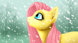 Size: 1440x800 | Tagged: safe, artist:bluebirdrae288, fluttershy, pony, g4, female, snow, snowfall, solo