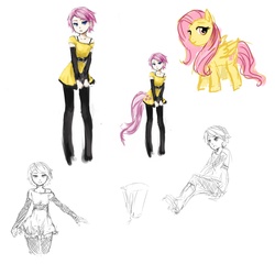 Size: 1500x1500 | Tagged: safe, artist:pas, fluttershy, human, pony, g4, arm warmers, belt, bra strap, clothes, flattershy, humanized, off shoulder, skinny, tailed humanization, thin