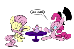 Size: 1349x897 | Tagged: safe, artist:joeywaggoner, fluttershy, pinkie pie, earth pony, pegasus, pony, g4, female, hat, lesbian, mare, monocle and top hat, quite, ship:flutterpie, shipping, simple background, tea party, transparent background