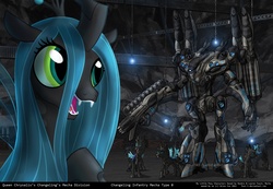 Size: 1600x1107 | Tagged: dead source, safe, artist:foxi-5, queen chrysalis, changeling, changeling queen, g4, female, giant robot, mecha, watermark