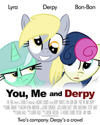Size: 1200x1500 | Tagged: safe, artist:loomx, bon bon, derpy hooves, lyra heartstrings, sweetie drops, pegasus, pony, g4, female, mare, parody, poster, pun, you me and dupree