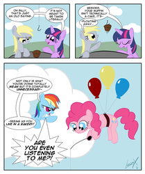 Size: 1460x1750 | Tagged: safe, artist:loomx, derpy hooves, pinkie pie, rainbow dash, twilight sparkle, pegasus, pony, g4, balloon, cloud, cloudy, comic, female, fishing rod, mare, muffin