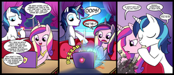 Size: 1500x656 | Tagged: safe, artist:madmax, princess cadance, shining armor, alicorn, pony, unicorn, g4, comic, computer, female, implied crime, laptop computer, male, mare, porn stash, stallion