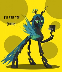 Size: 2466x2879 | Tagged: safe, artist:underpable, queen chrysalis, changeling, changeling queen, mouse, rat, g4, bedroom eyes, cheese, crown, duo, female, high res, jewelry, open mouth, pet, regalia, smiling