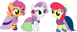 Size: 623x263 | Tagged: safe, artist:lottapotatosalad, apple bloom, scootaloo, sweetie belle, g4, clothes, cutie mark crusaders, dress, gala dress, simple background, transparent background