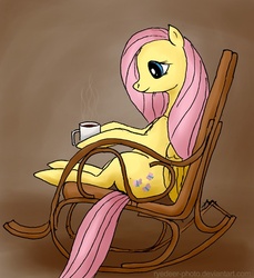 Size: 500x547 | Tagged: safe, artist:el-yeguero, fluttershy, pony, g4, chair, coffee, cup, drink, female, rocking chair, solo