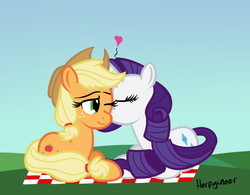 Size: 762x593 | Tagged: safe, artist:terton, applejack, rarity, earth pony, pony, unicorn, g4, cheek kiss, duo, female, kissing, lesbian, mare, ship:rarijack, shipping