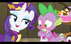 Size: 960x600 | Tagged: safe, edit, edited screencap, screencap, rarity, spike, dragon, pony, unicorn, dragon quest, g4, blushing, caption, female, hub logo, male, mare, youtube caption