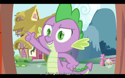 Size: 960x600 | Tagged: safe, screencap, spike, dragon quest, g4, my little pony: friendship is magic, hub logo, youtube caption