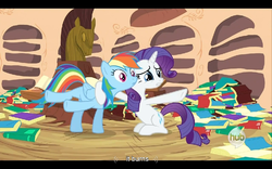 Size: 960x600 | Tagged: safe, screencap, rainbow dash, rarity, dragon quest, g4, my little pony: friendship is magic, hub logo, it burns, youtube caption