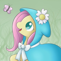 Size: 1000x1000 | Tagged: safe, artist:pdutogepi, fluttershy, butterfly, pegasus, pony, g4, secret of my excess, cloak, clothes, colored pupils, cute, female, flower, hooded cape, profile, shyabetes, solo, taffeta cape