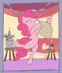 Size: 726x843 | Tagged: safe, artist:dsurion, madame leflour, mr. turnip, pinkie pie, rocky, pony, g4, party of one, animated, bipedal, cute, dancing, diapinkes, female, gif, solo, two-frame gif