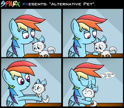 Size: 1717x1498 | Tagged: safe, artist:zsparkonequus, mitsy, rainbow dash, cat, pegasus, pony, g4, blushing, comic, crying, crying cat, cute, dashabetes, dialogue, female, hug, kitten, mare, pet