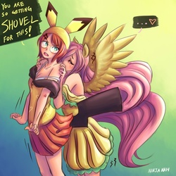 Size: 800x800 | Tagged: safe, artist:ninjaham, fluttershy, oc, human, g4, bra, cleavage, clothes, dress, eared humanization, female, humanized, lesbian, skirt, tailed humanization, underwear, winged humanization