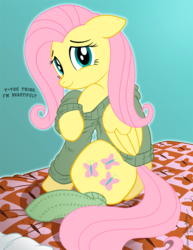 Size: 644x836 | Tagged: dead source, safe, artist:brianblackberry, fluttershy, pegasus, pony, g4, bed, bottomless, butt, clothes, female, mare, off shoulder, partial nudity, plot, socks, sweater, sweatershy