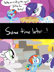 Size: 1050x1400 | Tagged: safe, artist:elslowmo, artist:tess, screencap, rainbow dash, rarity, sweetie belle, pegasus, pony, unicorn, g4, butt, female, gun, mare, plot, spot the imposter, sweetiedumb, this will end in tears and/or death