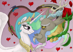 Size: 3484x2463 | Tagged: safe, artist:hewison, discord, princess celestia, g4, bedroom eyes, duo, female, flower, heart, high res, lidded eyes, love, male, romance, romantic, rose, ship:dislestia, shipping, straight