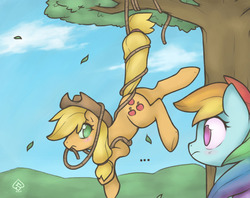 Size: 1104x874 | Tagged: safe, artist:soulspade, applejack, rainbow dash, pony, g4, blushing, bondage, fail, female, looking at butt, rope, suspended, tied up, tree, who's a silly pony