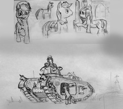 Size: 1024x900 | Tagged: safe, artist:agm, char 2c alsace, headphones, monochrome, pencil drawing, sketch, sketch dump, tank (vehicle), traditional art