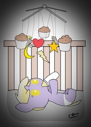 Size: 944x1316 | Tagged: safe, artist:estevangel, derpy hooves, dinky hooves, pony, unicorn, g4, baby, baby bottle, baby dinky hooves, baby pony, bottle, crib, cute, daaaaaaaaaaaw, diaper, filly, foal, mobile, muffin, solo