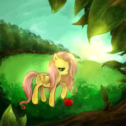 Size: 900x900 | Tagged: safe, artist:cr-applesauce, fluttershy, pony, g4, apple, female, raised hoof, solo