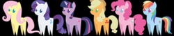 Size: 6000x1241 | Tagged: safe, artist:sircinnamon, applejack, fluttershy, pinkie pie, rainbow dash, rarity, twilight sparkle, pony, unicorn, g4, eyefinity, mane six, pointy ponies, unicorn twilight, wallpaper