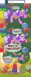Size: 1000x2440 | Tagged: safe, big macintosh, screwball, earth pony, pony, g4, apple, apple tree, bowling, bowling ball, bowling pin, comic, derp, hat, male, multi colored, propeller hat, screwball tells all, scrunchy face, sleeping, stallion, swirly eyes, tree, tumblr, zzz