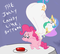 Size: 641x580 | Tagged: artist needed, safe, pinkie pie, princess celestia, alicorn, earth pony, pony, g4, big red button, butt, female, impossibly large butt, looking back, mare, parody, plot, reference, ren and stimpy, space madness!, temptation, trollestia