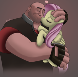 Size: 687x677 | Tagged: safe, artist:zelc-face, fluttershy, human, pegasus, pony, g4, cheek kiss, duo, heavy weapons guy, hug, kissing, team fortress 2