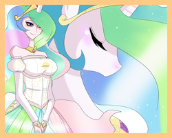 Size: 1800x1440 | Tagged: safe, artist:ninja-8004, princess celestia, human, g4, breasts, busty princess celestia, duo, female, horn, horned humanization, humanized