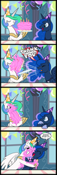 Size: 656x2000 | Tagged: safe, artist:madmax, princess celestia, princess luna, alicorn, pony, g4, birthday, cake, comic, cute, cutelestia, food, foodplay, hug, lunabetes, messy, nuzzling, traditional royal canterlot voice