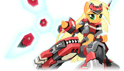 Size: 850x488 | Tagged: safe, applejack, earth pony, semi-anthro, g4, armor, cosmic break, crossover, seraph crimrose, solo