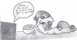 Size: 900x475 | Tagged: dead source, safe, artist:kumquat1123, sweetie belle, g4, monochrome, popcorn, sad, television, titanic