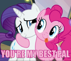 Size: 690x588 | Tagged: safe, edit, edited screencap, screencap, pinkie pie, rarity, g4, best friends, friends, heartwarming, pink text, text