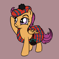 Size: 700x700 | Tagged: safe, artist:launchycat, scootaloo, pegasus, pony, g4, britain, clothes, female, filly, kilt, pun, scotaloo, scottaloo, scottish, simple background, solo, tartan, visual pun