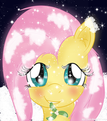 Size: 1500x1691 | Tagged: safe, artist:martybpix, fluttershy, pony, g4, blushing, female, mistletoe, mouth hold, snow, snowfall, solo