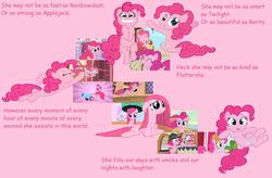 Size: 1160x762 | Tagged: safe, pinkie pie, g4, cute, diapinkes, party cannon, pink background, pinkielove, simple background, text, wholesome