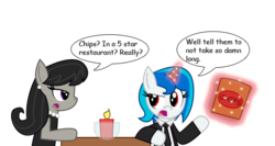 Size: 550x293 | Tagged: safe, artist:sonic-chaos, dj pon-3, octavia melody, vinyl scratch, g4, clothes, dress, duo, female, lesbian, ship:scratchtavia, shipping, simple background, suit, transparent background