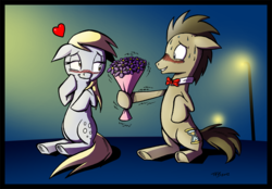 Size: 1280x893 | Tagged: safe, artist:tobibrocki, derpy hooves, doctor whooves, time turner, earth pony, pegasus, pony, g4, bouquet, female, flower, hoof hold, male, mare, ship:doctorderpy, shipping, stallion, straight