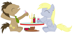 Size: 4975x2350 | Tagged: safe, artist:replaymasteroftime, derpy hooves, doctor whooves, time turner, pegasus, pony, g4, candle, female, glass, male, mare, ship:doctorderpy, shipping, simple background, stallion, straight, table, transparent background, wine glass