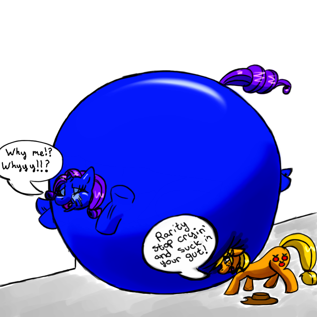 76950 - suggestive, artist:kbryme, applejack, rarity, earth pony, pony, g4,  ball, blue, bluebarity, blueberry, blueberry inflation, cant fit, charlie  and the chocolate factory, crying, female, flailing, huge, inflation, push,  roald dahl, roll,