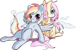 Size: 1207x794 | Tagged: safe, artist:kitchiki, fluttershy, rainbow dash, pegasus, pony, g4, duo, duo female, female, mare, shipping fuel, simple background, spread wings, transparent background, wings
