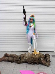 Size: 720x960 | Tagged: safe, artist:vielwerth, princess celestia, human, g4, cosplay, gun, irl, irl human, photo, weapon