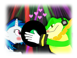 Size: 960x720 | Tagged: source needed, useless source url, safe, artist:kaiamurosesei, dj pon-3, vinyl scratch, g4, crossover, crossover shipping, female, hiding, implied kissing, interspecies, kissing, male, shipping, sonic the hedgehog (series), straight, vector the crocodile, vectorvinyl