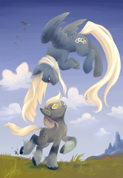 Size: 800x1158 | Tagged: safe, artist:pokeaday, oc, oc only, oc:gambit, oc:grace note, flying, unshorn fetlocks