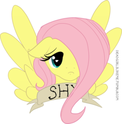 Size: 964x979 | Tagged: safe, artist:deadgirlslikeme, fluttershy, pegasus, pony, g4, bust, female, floppy ears, front view, full face view, hair over one eye, mare, old banner, portrait, shy, simple background, solo, spread wings, transparent background, wings