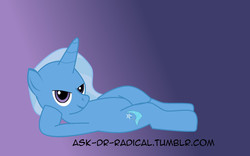 Size: 1280x800 | Tagged: artist needed, safe, trixie, pony, unicorn, g4, female, looking at you, mare, on back, solo